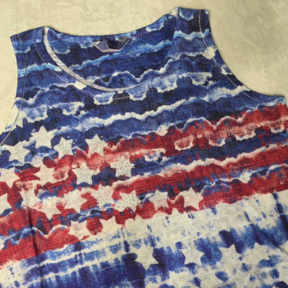 SJS Womens Large Patriotic American Flag Mesh Tank‎ Top Sequins Stars